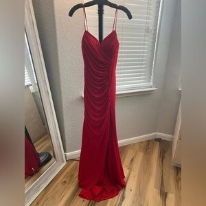 Jovani Red Jersey Ruched Gown Spaghetti Strap Thigh Slit size 10